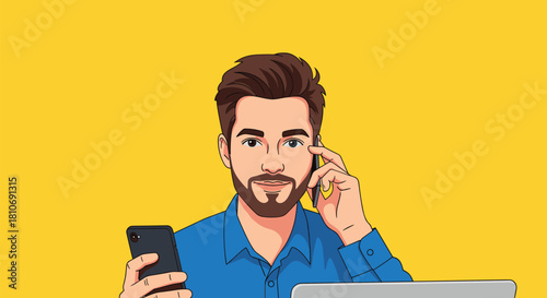 Cartoon man multitasking with two phones and laptop, wearing blue shirt against yellow background in busy work scene