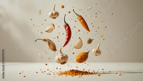 Fototapeta Naklejka Na Ścianę i Meble -  Spices and garlic cloves appear to float above a spice mound