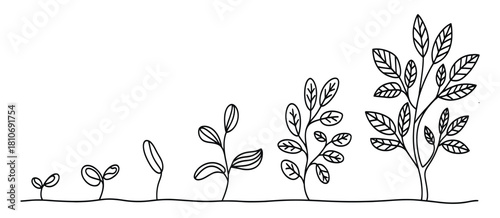 growth stages of a tree from a green leaf to a natural plant, vector illustration showing plant development, seedling, sprout, and full growth, perfect for ecology, gardening, and educational concepts