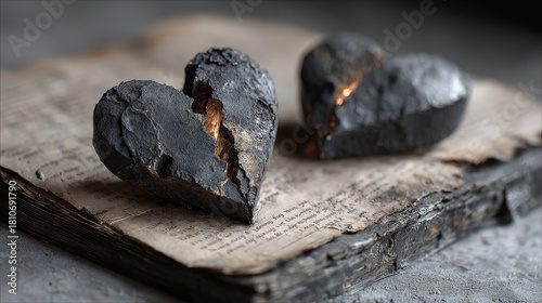 Surreal broken black heart on torn journal page with faint glowing heart being repaired, dramatic lighting, emotional and symbolic composition, minimal centered layout, haunting yet hopeful mood