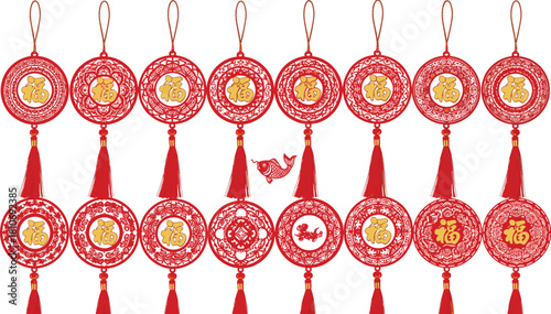 Collection of Traditional Red Chinese New Year Knots and Hanging Ornaments with Golden Fortune Text and Tassels for Festive Decoration