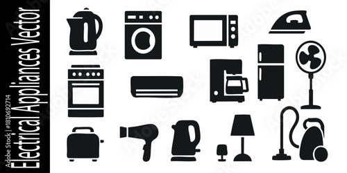 Electrical Appliances Vector Set: A comprehensive vector illustration showcases an array of essential electrical appliances.