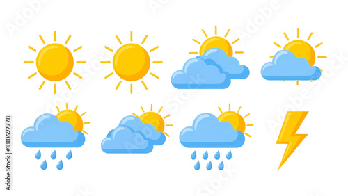 Vector illustration of set of colorful weather forecast icons showing sun, cloud, rain, and lightning, isolated on transparent background 