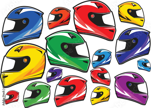 Colorful motorcycle helmets in dynamic angular design with black visors and white highlights on scattered vibrant background
