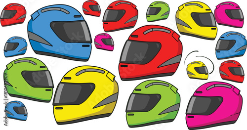 Colorful motorcycle helmets with black visors in varied sizes and scattered layout, featuring motion and design diversity