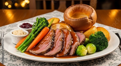 Elegant Sunday roast dinner featuring beef, vegetables, and Yorkshire pudding