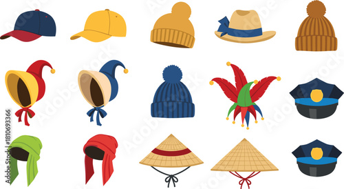Collection of sixteen diverse hats in grid layout showcasing cultural, seasonal, and professional headwear styles and vibrant colors