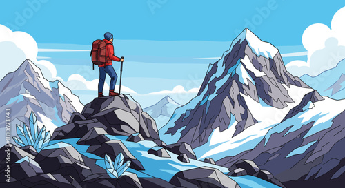Explorer on snowy mountain peak with backpack and walking stick, admiring alpine landscape under clear blue sky