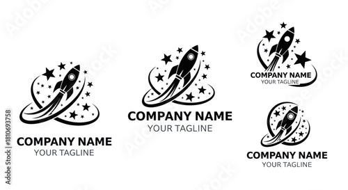 Rocket Launch Logo Designs with Stars and Circular Motion Trails.