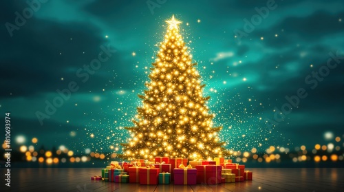 Christmas tree with sparkling lights and presents 2025 new Christmas tree