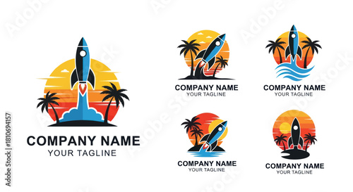 Rocket Launching into Sunset with Palm Trees and Ocean Waves.