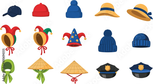 Grid of twenty diverse hats and headwear styles representing cultures, professions, and occasions in colorful cartoon illustration