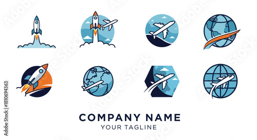Collection of Travel and Aerospace Logos Featuring Rockets, Airplanes, and Globes.