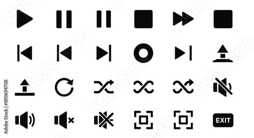Collection of black media player and control icons on a white background