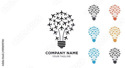 Creative lightbulb logo with airplane silhouettes represents travel ideas and innovation.