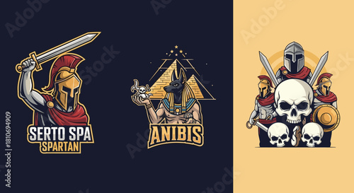 Spartan and Anubis emblem set, warrior logo design, mythological character illustration, ancient themed graphics, bold mascot icons, fantasy style