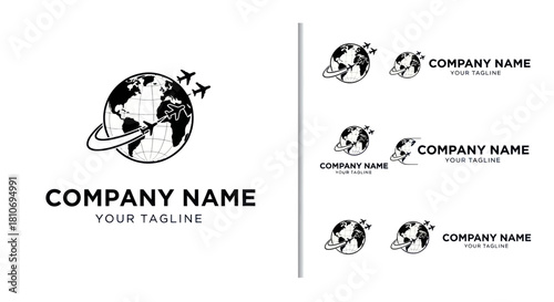 Global Travel Company Logo with Earth and Airplanes.