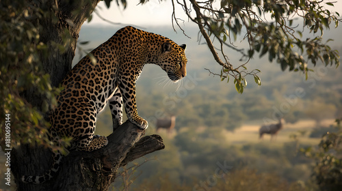 Realistic photo of a jaguar perched on a high tree branch