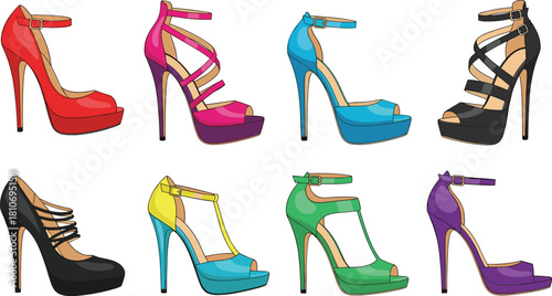 Stylish high-heeled shoes in vibrant colors with platform soles, ankle straps, and stiletto heels in two-row layout