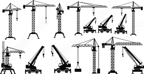 Construction Crane Silhouette Vector Set with Tower and Mobile Machines Isolated on White Background