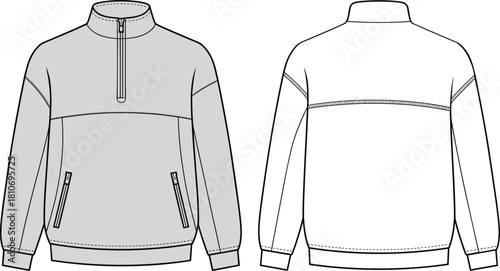 Half zip sweatshirt technical fashion illustration flat sketch vector template, front and back views with zippered pockets for clothing design.