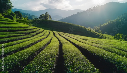 A beautiful time lapse showing the sun rising over terraced green tea fields in a mountainous landscape