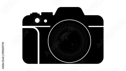 Vector illustration of black silhouette icon of a modern digital camera with a prominent lens, isolated on transparent background