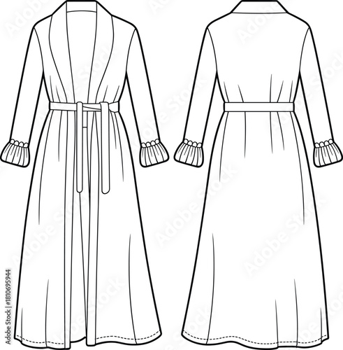 Long robe technical fashion illustration flat sketch vector template, shawl collar with ruffle cuffs, front and back view for loungewear.