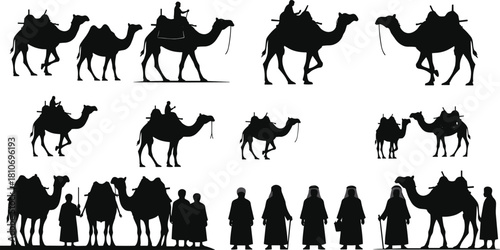 Desert caravan silhouettes featuring camels and travelers, traditional Middle Eastern scene, walking riders and groups in detailed black vector design