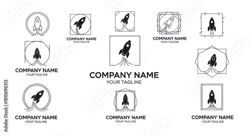 Collection of rocket ship logos for various company branding and design.