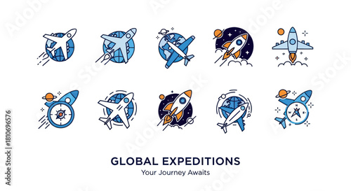 Global Expeditions Travel Concept with Airplane and Rocket Illustrations.