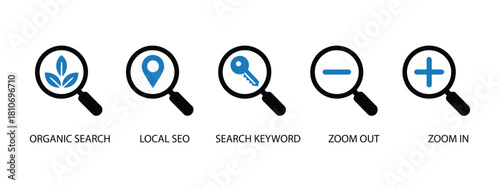 A set of 5 SEO icons as organic search, local seo, search keyword, website ranking metrics, effective marketing elements