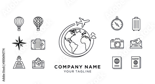 Global Travel and Adventure Line Art Icon Set for Company Branding.