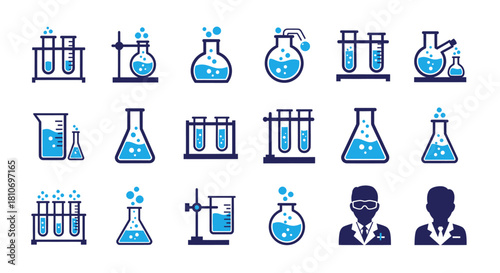 Collection of chemistry lab equipment and scientists icons.