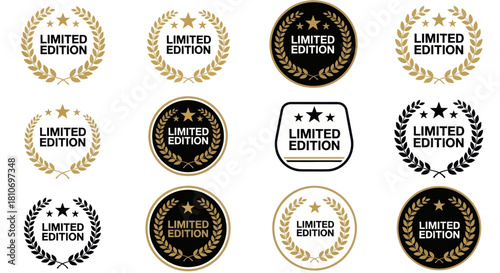 A collection of twelve "Limited Edition" badges and labels in gold, black, and white, featuring wreaths and stars.