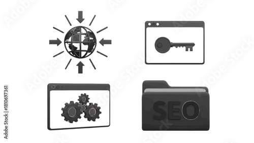 Vector illustration of four black and white seo and internet related concept icons including globe, keyword, setting, and folder isolated on transparent background 