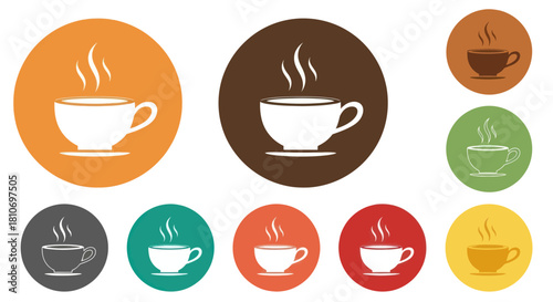 Collection of coffee cup icons with steam in various colors.