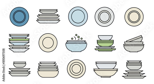 A collection of various kitchen dishes, plates, and bowls in different stacks and arrangements, line art style.