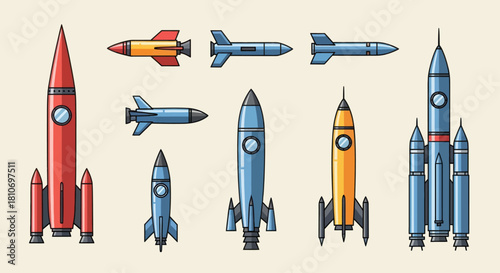 A collection of colorful cartoon rockets, missiles, and spaceships in various designs and sizes.