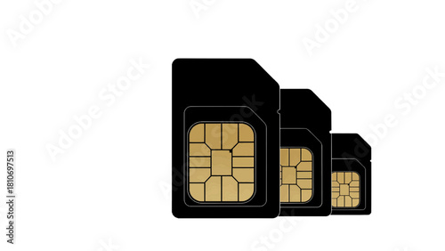 Vector illustration of three black sim card chip in varying size showing gold contact area for mobile device isolated on transparent background