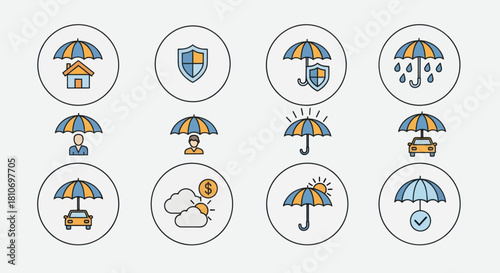 Insurance icons set: home, shield, person, car, money, weather, check.
