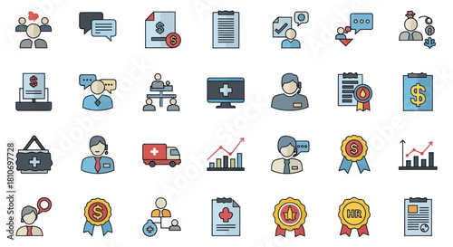 Collection of healthcare and business related icons.