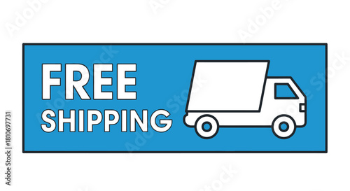 Free Shipping promotional banner with a white delivery truck icon on a blue background.