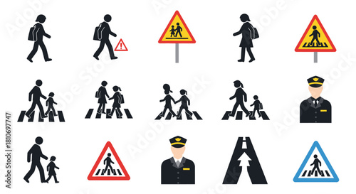 A collection of pedestrian safety icons including people walking, adults with children, school zone signs, crosswalk signs, and traffic police.