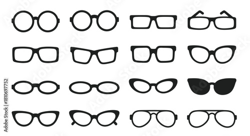 Collection of various eyeglasses frames in different shapes and styles, isolated on white background.