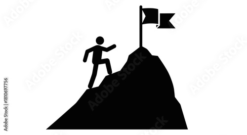 Person climbing a mountain to reach a flag on the summit.