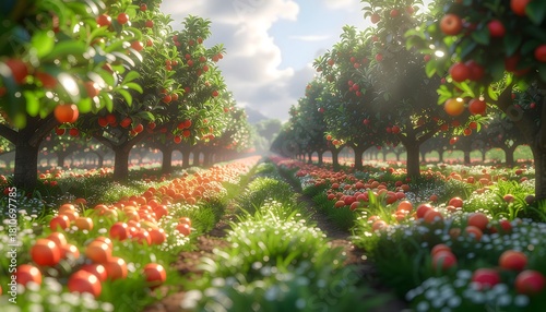 Time lapse of a vibrant fruit orchard flourishing under the golden sun, showcasing bountiful harvest and natural beauty in a serene agricultural landscape, evoking a sense of growth and abundance