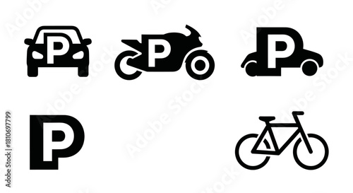 Black parking icons for various vehicles including car, motorcycle, and bicycle, along with a standard parking symbol.