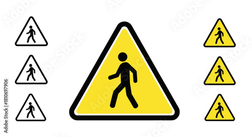 A set of triangular pedestrian crossing warning signs, with a large central sign and smaller variations on a white background.