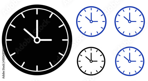 A set of minimalist clock face icons, featuring one large solid black clock and four smaller outline versions in blue and black.